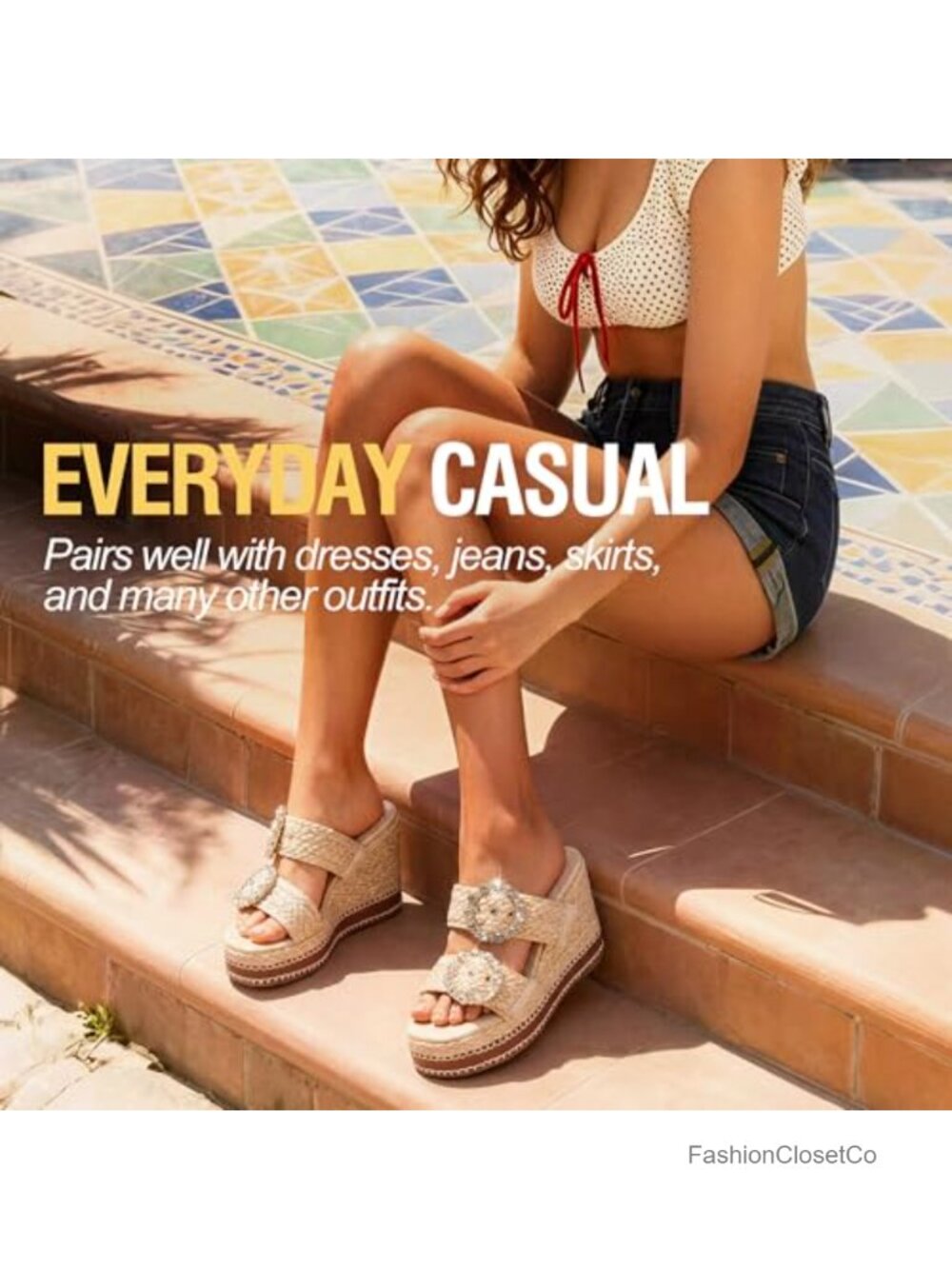 Woven Raffia Platform Wedge Sandals Espadrille Heels Square Open Toe Rhinestone - Picture 2 of 6